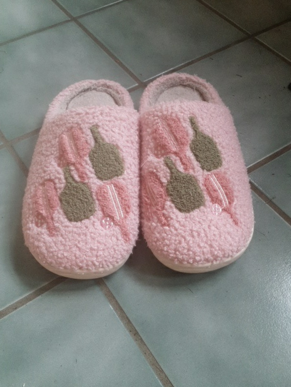 Pink Fuzzy Slippers with Green Accent